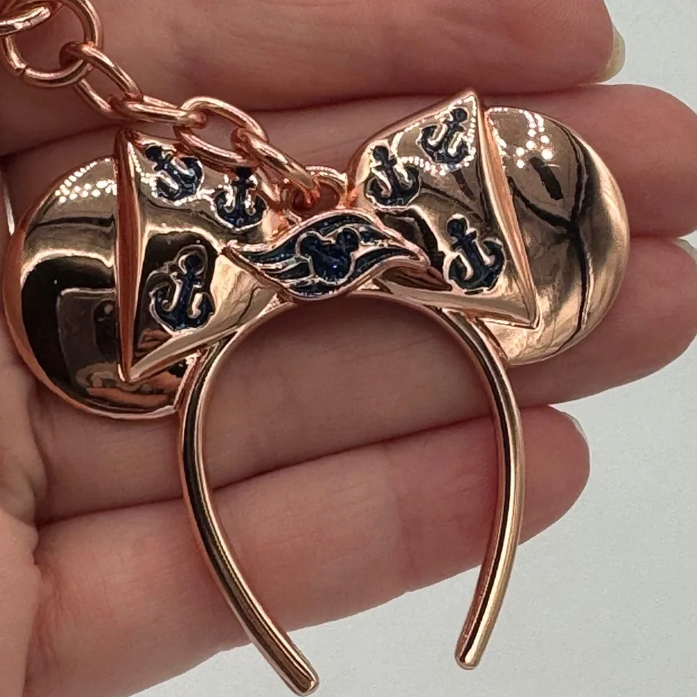 Disney parks minnie mouse rose gold ear headband keychain anchor-patterned bow